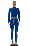 Blue Sexy Casual Striped Print Patchwork Zipper Collar Long Sleeve Two Pieces