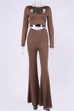 Brown Fashion Sexy Solid Hollowed Out O Neck Long Sleeve Two Pieces