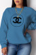 Blue Fashion Vintage Print Patchwork O Neck Tops