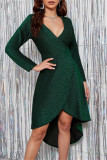 Grey Fashion Sexy Solid Patchwork Bright Silk V Neck Long Sleeve Dresses