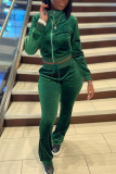 Green Casual Solid Patchwork Pocket Zipper Zipper Collar Long Sleeve Two Pieces