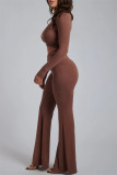 Brown Fashion Sexy Solid Hollowed Out O Neck Long Sleeve Two Pieces