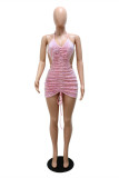 Pink Fashion Sexy Patchwork Sequins Backless Halter Sleeveless Dress