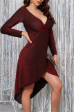 Grey Fashion Sexy Solid Patchwork Bright Silk V Neck Long Sleeve Dresses