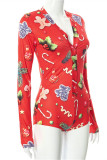 Red Fashion Living Print Basic V Neck Long Sleeve Skinny Romper