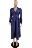 Blue Fashion Casual Solid Patchwork Turndown Collar Long Sleeve Dresses