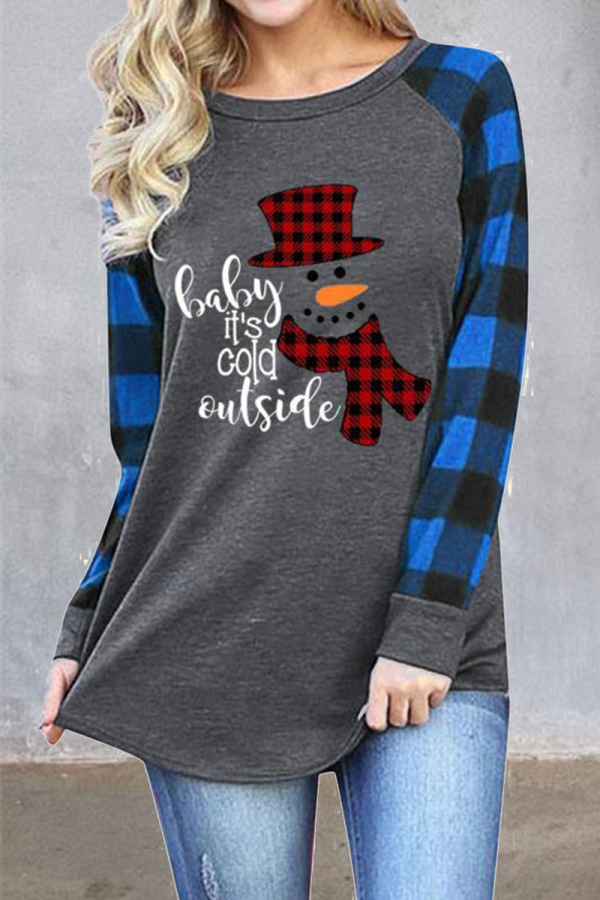 Blue Casual Print Patchwork O Neck Tops
