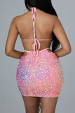 Pink Fashion Sexy Patchwork Sequins Backless Halter Sleeveless Dress