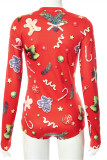 Red Fashion Living Print Basic V Neck Long Sleeve Skinny Romper