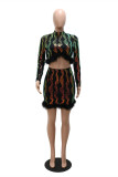 Black Fashion Patchwork Hollowed Out Sequins Turtleneck Long Sleeve Two Pieces