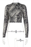 Snake Print Fashion Sexy Print Hollowed Out V Neck Tops
