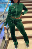 Green Casual Solid Patchwork Pocket Zipper Zipper Collar Long Sleeve Two Pieces