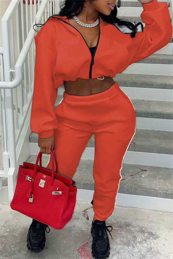 Orange Fashion Casual Solid Patchwork Zipper Collar Two Pieces