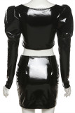 Black Fashion Sexy Solid Basic Square Collar Long Sleeve Two Pieces