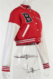 Red Fashion Casual Letter Embroidery Patchwork O Neck Outerwear