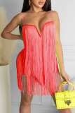 Pink Sexy Solid Tassel Spaghetti Strap Irregular Dress Dresses