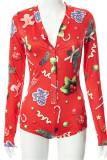 Red Fashion Living Print Basic V Neck Long Sleeve Skinny Romper