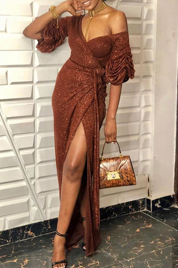 Caramel Colour Sexy Solid Patchwork Slit V Neck Evening Dress Dresses