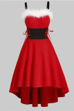 Red Sexy Casual Patchwork Bandage Backless Spaghetti Strap Irregular Dress