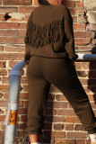 Red Casual Solid Tassel Patchwork O Neck Long Sleeve Two Pieces