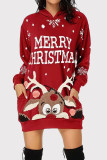 Red Fashion Casual Print Basic Hooded Collar Long Sleeve Dresses