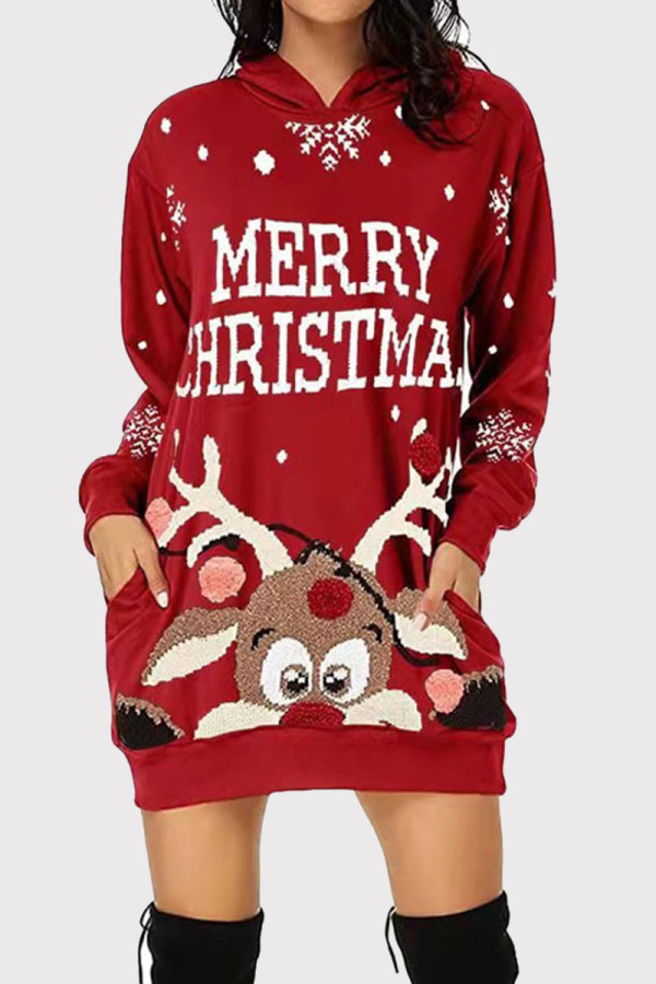 Red Fashion Casual Print Basic Hooded Collar Long Sleeve Dresses