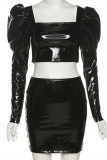 Black Fashion Sexy Solid Basic Square Collar Long Sleeve Two Pieces