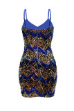 Blue Fashion Sexy Patchwork Sequins Backless V Neck Sling Dress Dresses
