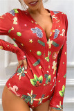 Red Fashion Living Print Basic V Neck Long Sleeve Skinny Romper