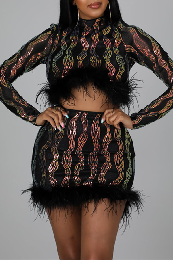 Black Fashion Patchwork Hollowed Out Sequins Turtleneck Long Sleeve Two Pieces