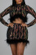 Black Fashion Patchwork Hollowed Out Sequins Turtleneck Long Sleeve Two Pieces