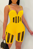 Yellow Sexy Solid Mesh Spaghetti Strap Skinny Rompers