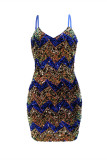 Blue Fashion Sexy Patchwork Sequins Backless V Neck Sling Dress Dresses