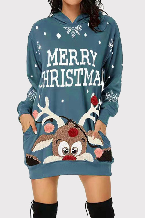 Blue Fashion Casual Print Basic Hooded Collar Long Sleeve Dresses