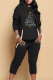 Black Casual Print Patchwork Hooded Collar Long Sleeve Two Pieces