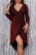 Burgundy Fashion Sexy Solid Patchwork Bright Silk V Neck Long Sleeve Dresses