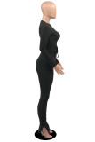 Grey Fashion Casual Solid Bandage Draw String O Neck Long Sleeve Two Pieces