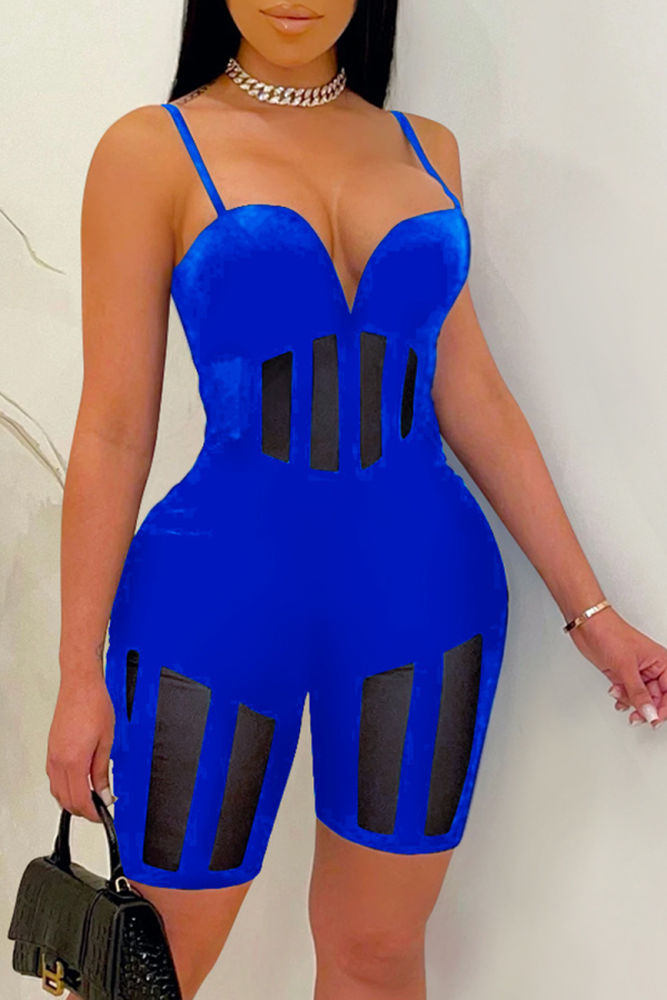 Blue Sexy Solid Mesh Spaghetti Strap Skinny Rompers