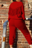 Red Casual Solid Tassel Patchwork O Neck Long Sleeve Two Pieces