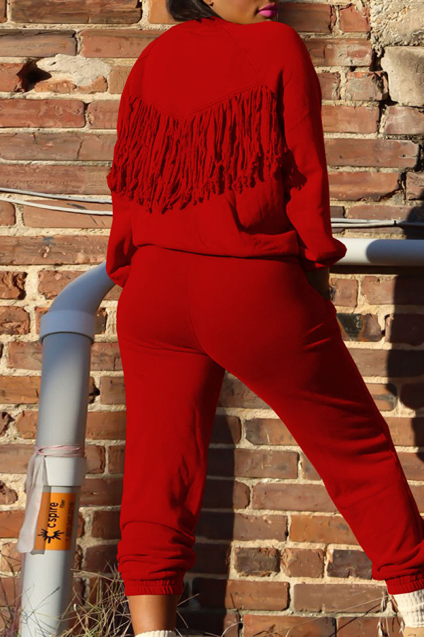 Red Casual Solid Tassel Patchwork O Neck Long Sleeve Two Pieces