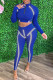 Blue Sexy Casual Striped Print Patchwork Zipper Collar Long Sleeve Two Pieces
