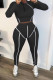 Black Sexy Casual Striped Print Patchwork Zipper Collar Long Sleeve Two Pieces