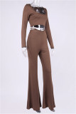 Brown Fashion Sexy Solid Hollowed Out O Neck Long Sleeve Two Pieces