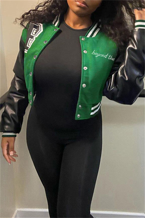 Green Fashion Casual Letter Embroidery Patchwork O Neck Outerwear