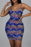 Blue Fashion Sexy Patchwork Sequins Backless V Neck Sling Dress Dresses