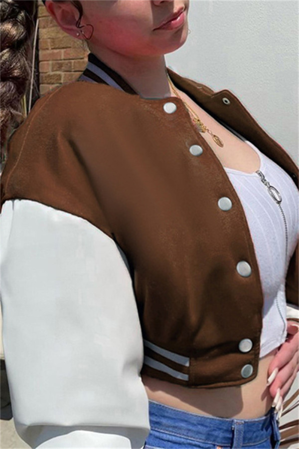 Brown Fashion Casual Solid Patchwork O Neck Outerwear