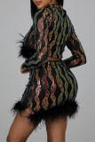 Black Fashion Patchwork Hollowed Out Sequins Turtleneck Long Sleeve Two Pieces