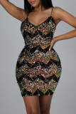 Blue Fashion Sexy Patchwork Sequins Backless V Neck Sling Dress Dresses