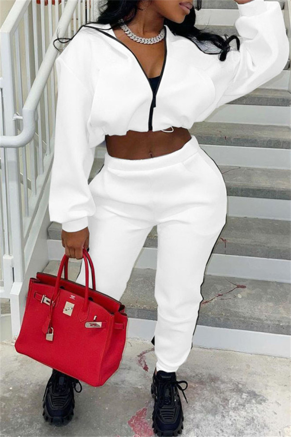 White Fashion Casual Solid Patchwork Zipper Collar Two Pieces