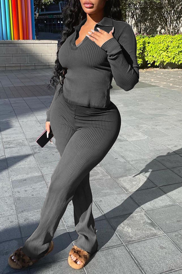 Black Fashion Casual Solid Basic Turndown Collar Long Sleeve Two Pieces